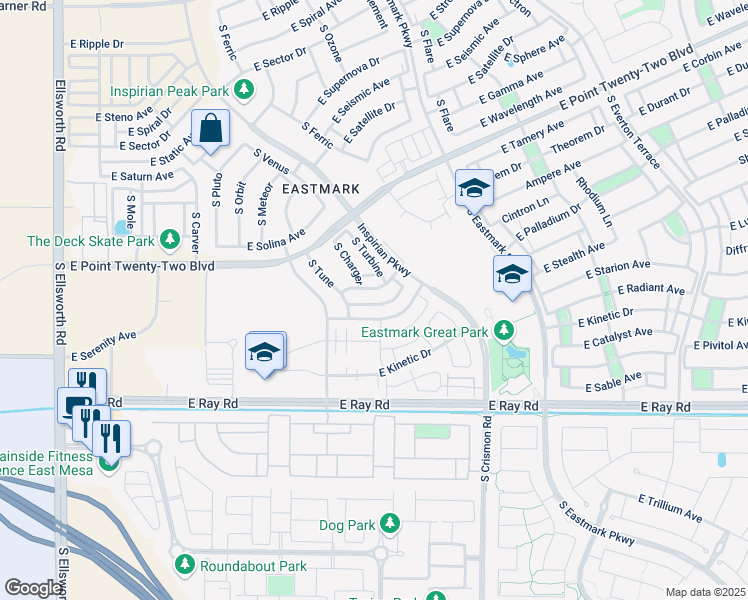 map of restaurants, bars, coffee shops, grocery stores, and more near 9803 East Suburban Drive in Mesa