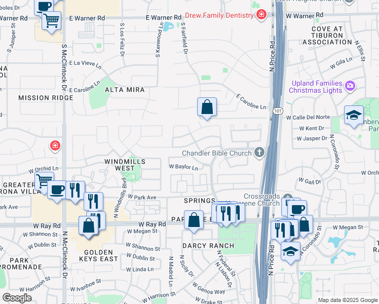 map of restaurants, bars, coffee shops, grocery stores, and more near 3400 West Golden Lane in Chandler