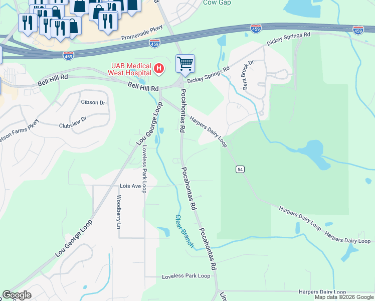 map of restaurants, bars, coffee shops, grocery stores, and more near 6184 Pocahontas Rd in Bessemer