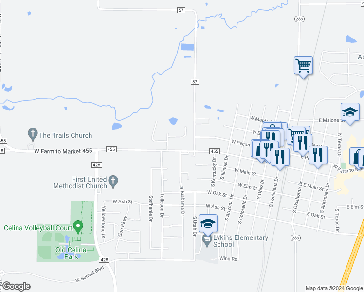 map of restaurants, bars, coffee shops, grocery stores, and more near 805 West Walnut Street in Celina
