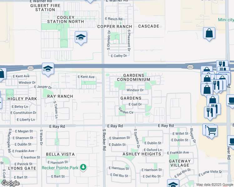 map of restaurants, bars, coffee shops, grocery stores, and more near 4082 Garden Circle in Gilbert
