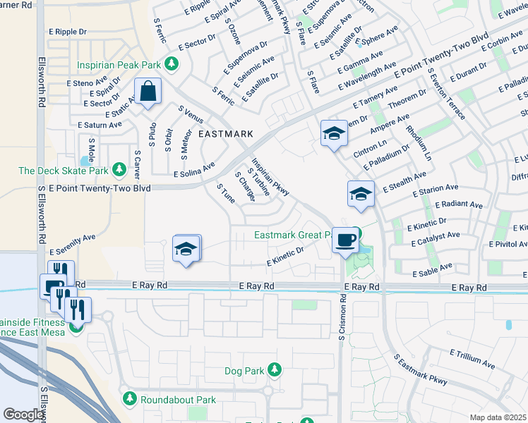 map of restaurants, bars, coffee shops, grocery stores, and more near 9803 East Suburban Drive in Mesa