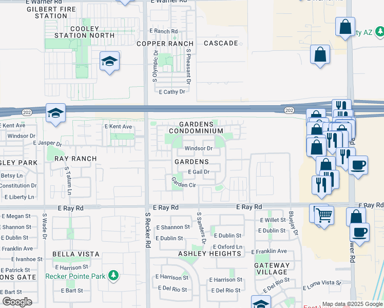 map of restaurants, bars, coffee shops, grocery stores, and more near 4163 East Windsor Drive in Gilbert