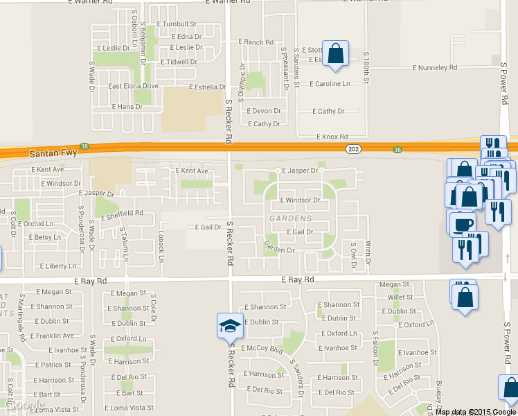 map of restaurants, bars, coffee shops, grocery stores, and more near 4082 Garden Circle in Gilbert