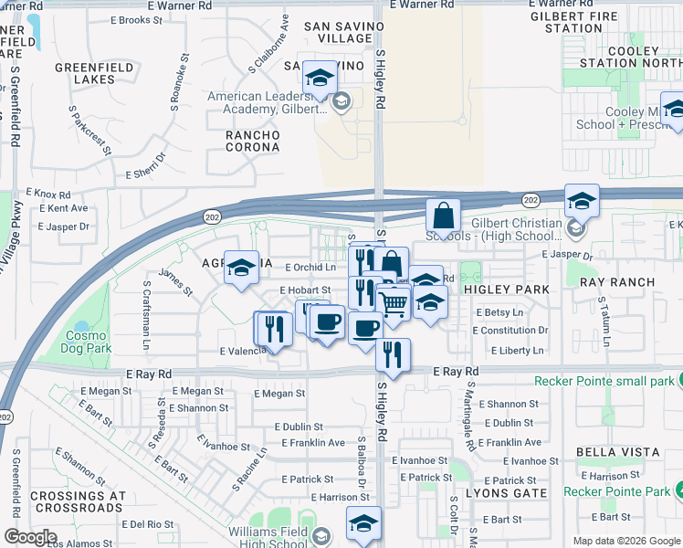 map of restaurants, bars, coffee shops, grocery stores, and more near 3118 East Orchid Lane in Gilbert