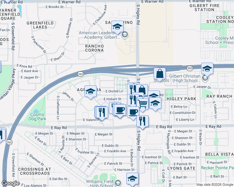 map of restaurants, bars, coffee shops, grocery stores, and more near 3043 East Orchid Lane in Gilbert