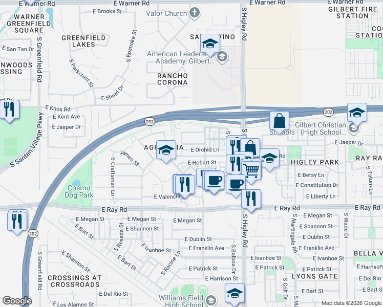 map of restaurants, bars, coffee shops, grocery stores, and more near 2979 East Orchid Lane in Gilbert
