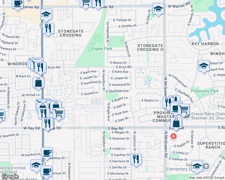 map of restaurants, bars, coffee shops, grocery stores, and more near 673 East Ironwood Drive in Chandler