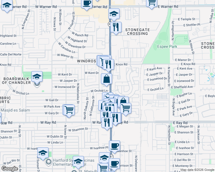 map of restaurants, bars, coffee shops, grocery stores, and more near 1255 North Arizona Avenue in Chandler