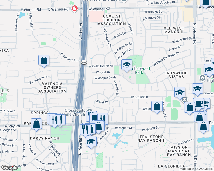 map of restaurants, bars, coffee shops, grocery stores, and more near 2743 West Ironwood Drive in Chandler