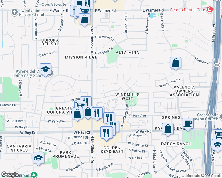 map of restaurants, bars, coffee shops, grocery stores, and more near 1333 North Entrada Street in Chandler