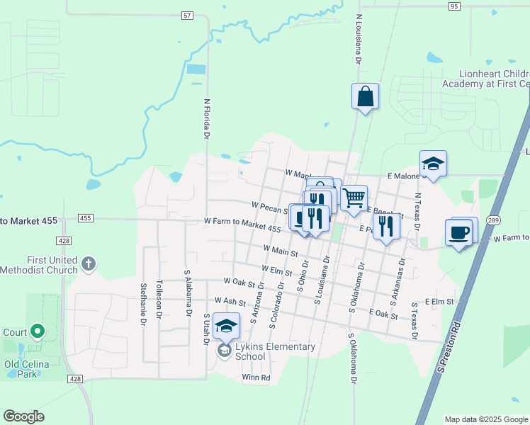 map of restaurants, bars, coffee shops, grocery stores, and more near 503w West Pecan Street in Celina