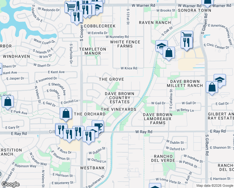 map of restaurants, bars, coffee shops, grocery stores, and more near 578 West Country Estates Avenue in Gilbert