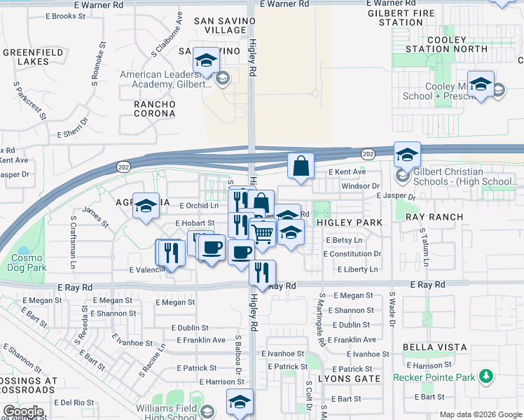 map of restaurants, bars, coffee shops, grocery stores, and more near 1355 South Higley Road in Gilbert