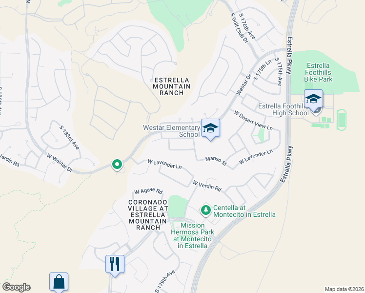 map of restaurants, bars, coffee shops, grocery stores, and more near 17829 West Buckhorn Drive in Goodyear