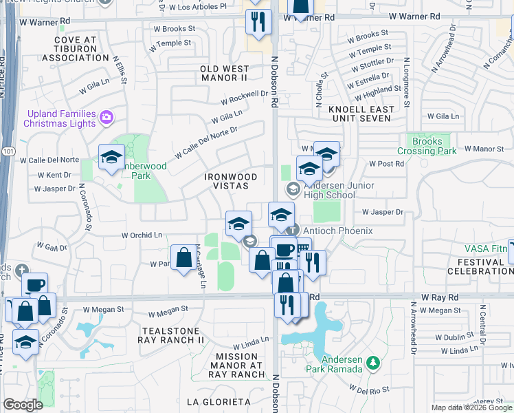 map of restaurants, bars, coffee shops, grocery stores, and more near 2049 West Corona Drive in Chandler