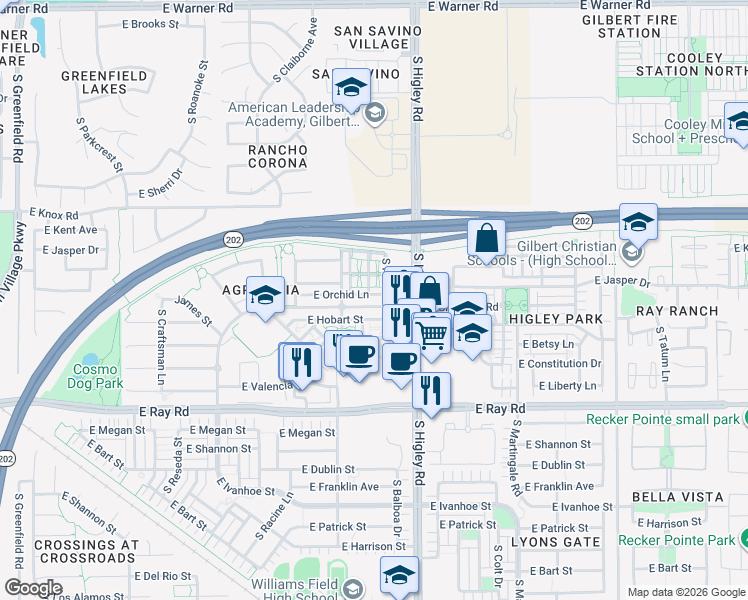 map of restaurants, bars, coffee shops, grocery stores, and more near 3118 East Orchid Lane in Gilbert