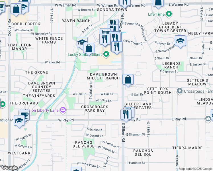 map of restaurants, bars, coffee shops, grocery stores, and more near 100 West Baylor Lane in Gilbert
