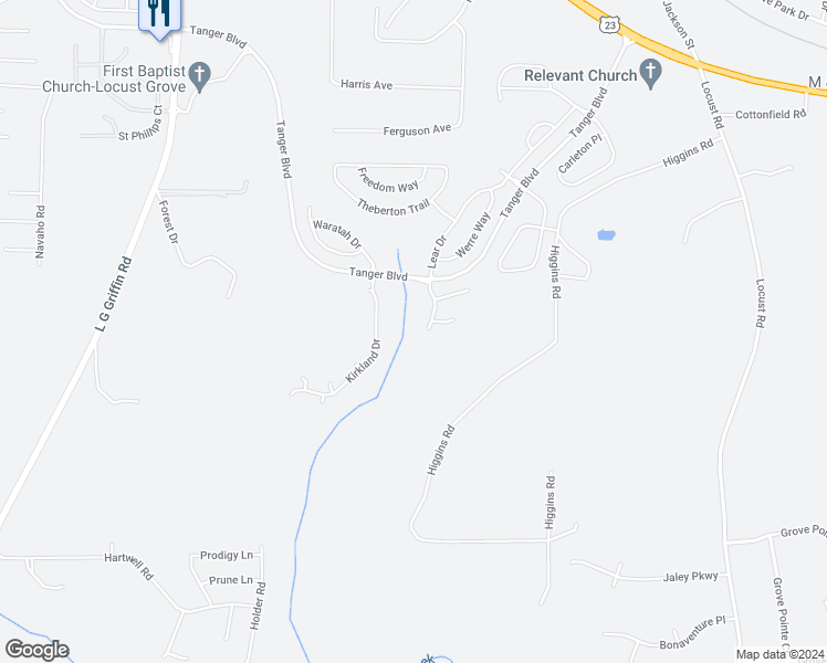 map of restaurants, bars, coffee shops, grocery stores, and more near 141 Avonwood Circle in Locust Grove