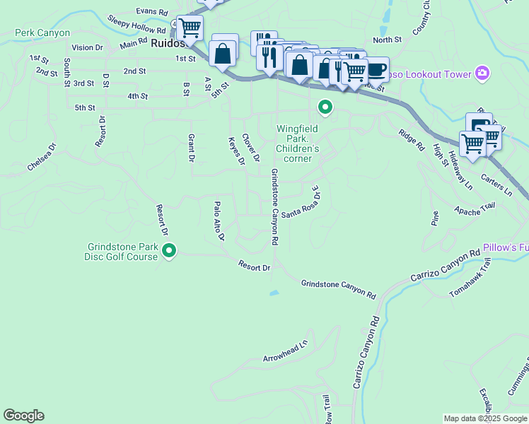 map of restaurants, bars, coffee shops, grocery stores, and more near 410-498 Grindstone Canyon Road in Ruidoso