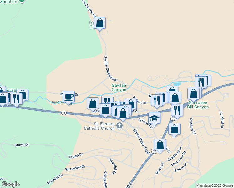 map of restaurants, bars, coffee shops, grocery stores, and more near 134 Reese Dr in Ruidoso