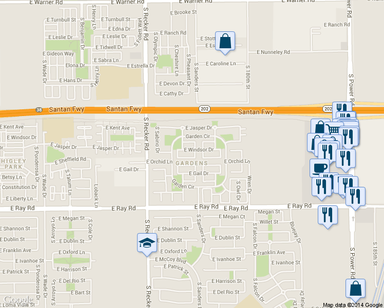 map of restaurants, bars, coffee shops, grocery stores, and more near 1390 South Pheasant Drive in Gilbert