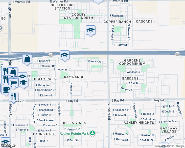 map of restaurants, bars, coffee shops, grocery stores, and more near 3883 East Jasper Drive in Gilbert