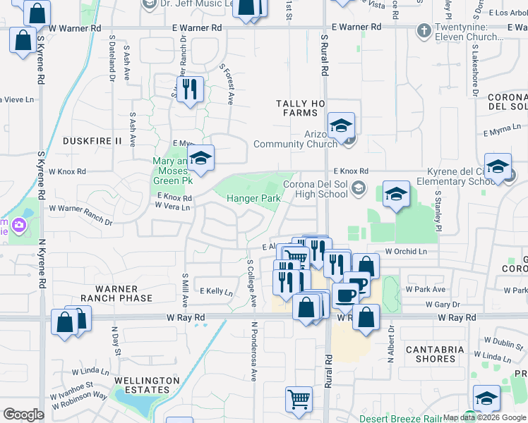 map of restaurants, bars, coffee shops, grocery stores, and more near 500 East Vera Lane in Tempe
