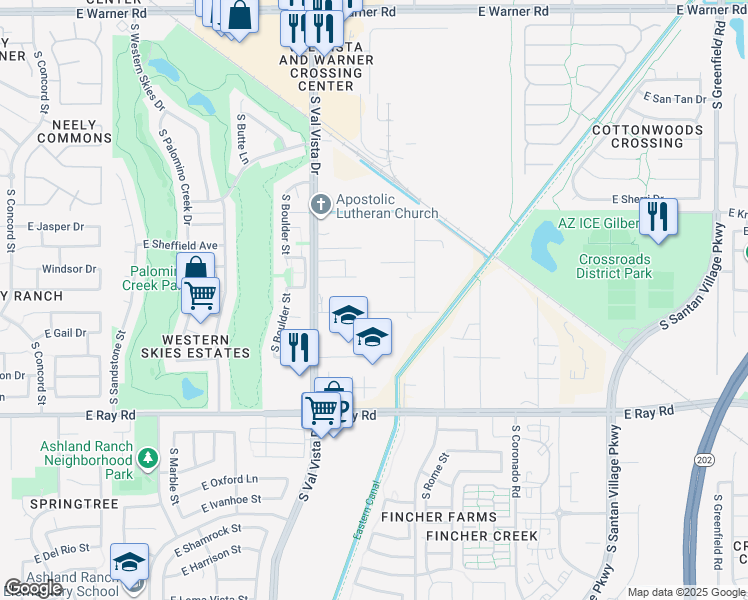 map of restaurants, bars, coffee shops, grocery stores, and more near 15304 East Orchid Lane in Gilbert