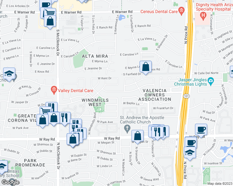 map of restaurants, bars, coffee shops, grocery stores, and more near 3541 West Ironwood Drive in Chandler