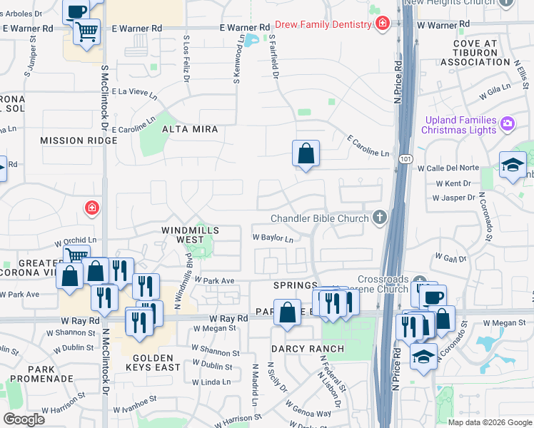 map of restaurants, bars, coffee shops, grocery stores, and more near 3471 West Ironwood Drive in Chandler