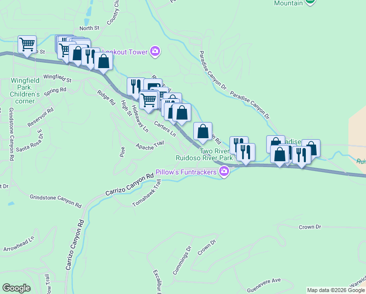 map of restaurants, bars, coffee shops, grocery stores, and more near 115 Carters Ln in Ruidoso