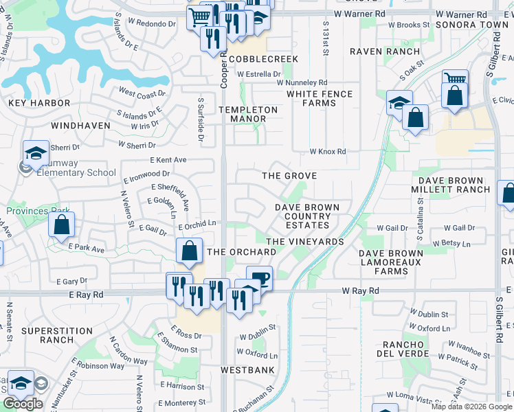 map of restaurants, bars, coffee shops, grocery stores, and more near 733 West Golden Street in Gilbert