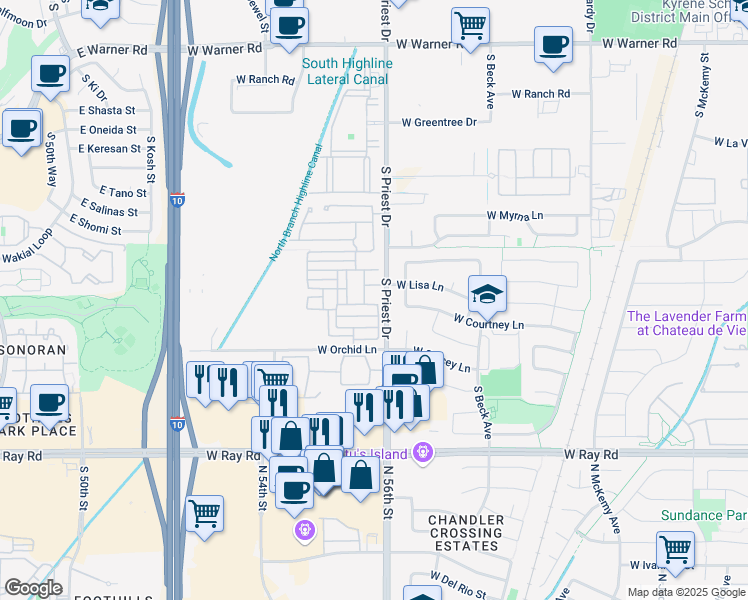 map of restaurants, bars, coffee shops, grocery stores, and more near in Chandler