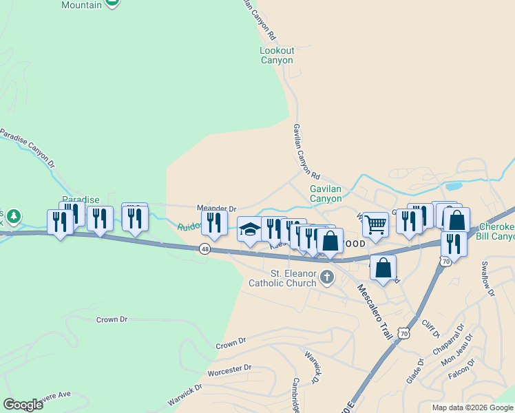 map of restaurants, bars, coffee shops, grocery stores, and more near 105-179 Meander Dr in Ruidoso