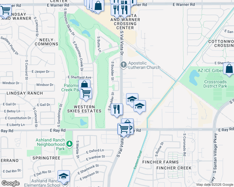 map of restaurants, bars, coffee shops, grocery stores, and more near 1575 East Baylor Lane in Gilbert