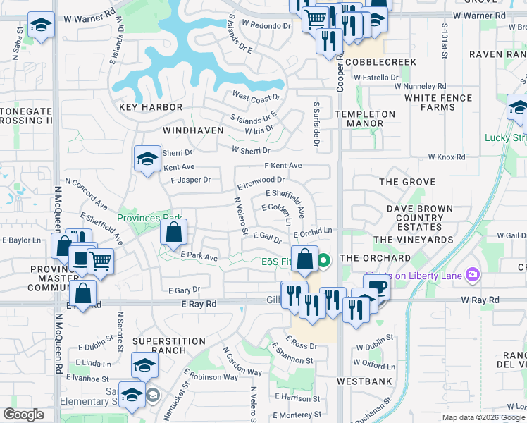 map of restaurants, bars, coffee shops, grocery stores, and more near 1621 East Golden Lane in Chandler