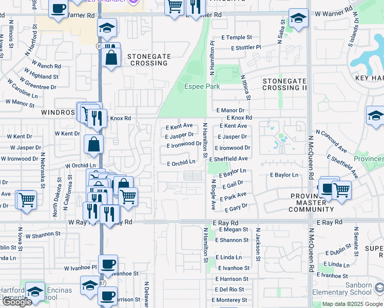 map of restaurants, bars, coffee shops, grocery stores, and more near 1263 North Exeter Street in Chandler