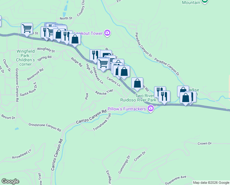 map of restaurants, bars, coffee shops, grocery stores, and more near 227 Apache Trail in Ruidoso