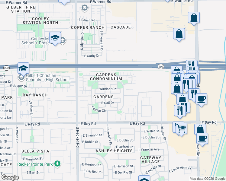 map of restaurants, bars, coffee shops, grocery stores, and more near 4237 East Windsor Drive in Gilbert