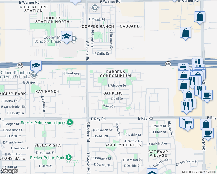 map of restaurants, bars, coffee shops, grocery stores, and more near 4163 East Windsor Drive in Gilbert