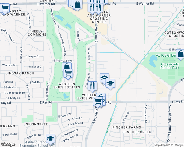 map of restaurants, bars, coffee shops, grocery stores, and more near 1575 East Baylor Lane in Gilbert
