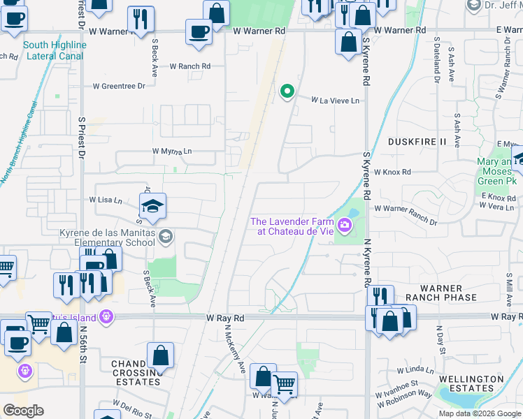 map of restaurants, bars, coffee shops, grocery stores, and more near 6440 West Corona Drive in Chandler