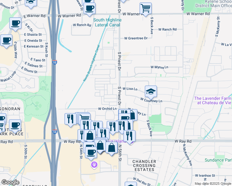 map of restaurants, bars, coffee shops, grocery stores, and more near in Chandler