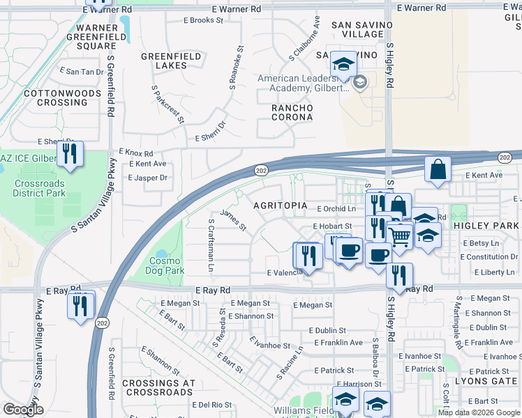 map of restaurants, bars, coffee shops, grocery stores, and more near 2833 East Pistachio Street in Gilbert