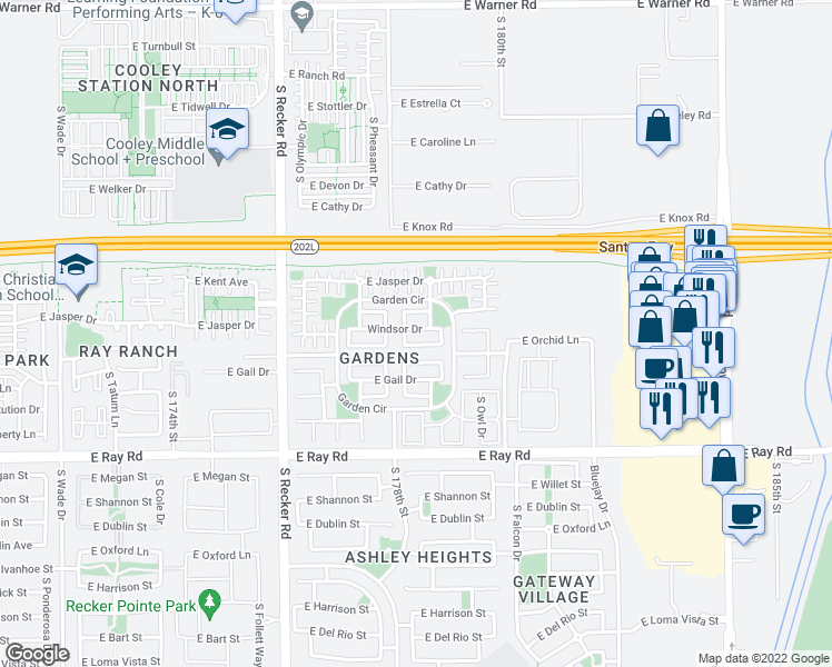 map of restaurants, bars, coffee shops, grocery stores, and more near 4237 East Windsor Drive in Gilbert