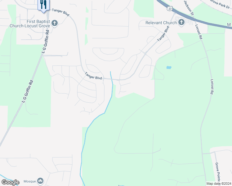 map of restaurants, bars, coffee shops, grocery stores, and more near 137 Avonwood Circle in Locust Grove