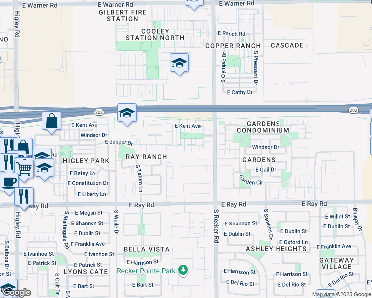 map of restaurants, bars, coffee shops, grocery stores, and more near 3883 East Jasper Drive in Gilbert