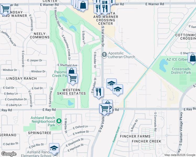 map of restaurants, bars, coffee shops, grocery stores, and more near 1575 East Baylor Lane in Gilbert
