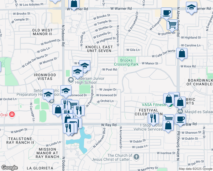 map of restaurants, bars, coffee shops, grocery stores, and more near 1591 West Corona Drive in Chandler
